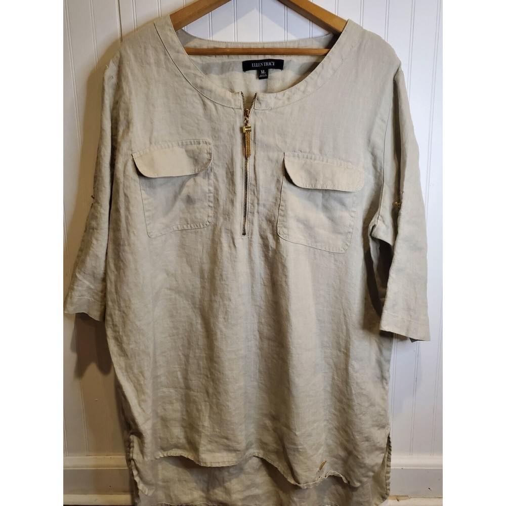 Ellen Tracy Womens XL tan Linen Shirt Gold Zipper Pockets Tab Sleeve Tunic